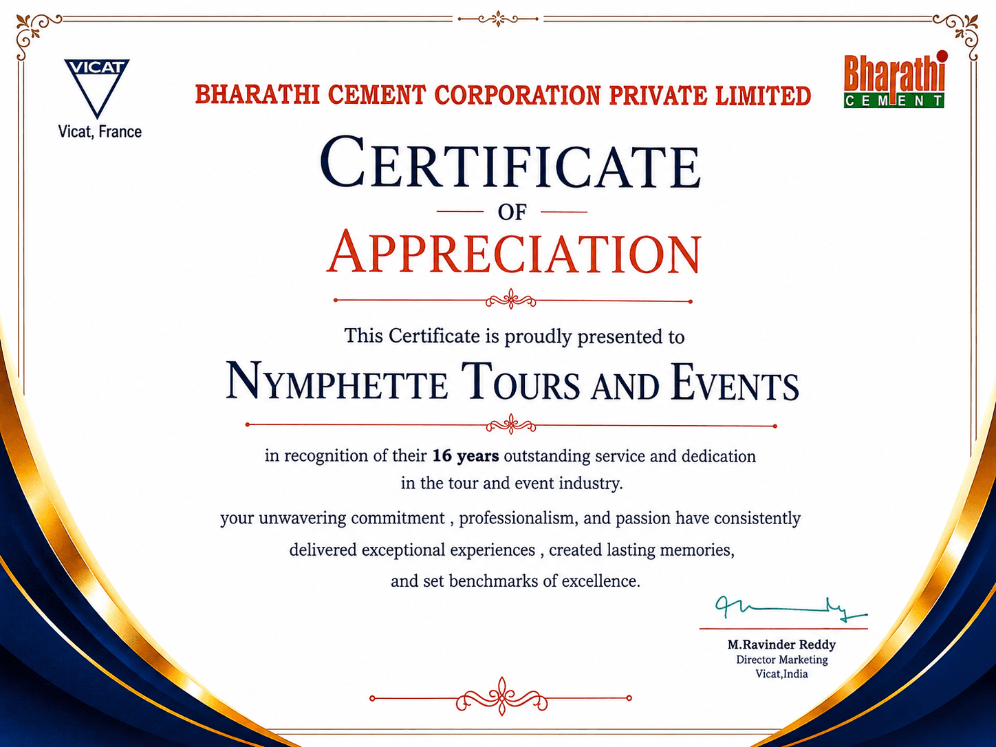 Bharathi Cement Certificate of Appreciation for Nymphette Tours and Events
